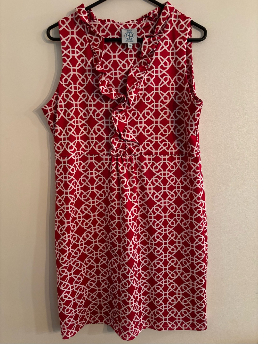 Tracy Negoshian Red & White Geometric Ruffle Sleeveless Dress